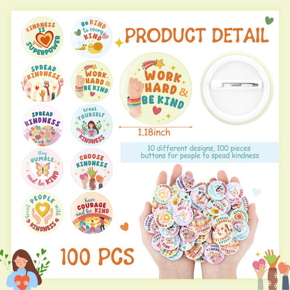 Glitinsel 100 Pcs Reading Awards/Be Kindness Pins Back to School Funny Reading Prizes Kindness Book Lover Round Buttons Pins Positive Incentive Reward Prizes for Students Classroom(Kindness)