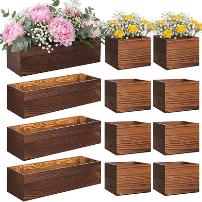 Leinuosen 12 Wooden Planter Boxes Set, 4 Pcs 12 x 4 Inch Rectangle Wood Planter Box 8 Pcs 4 x 4 Inch Wooden Cube Flower Pots Rustic Square Wood Vase for Centerpiece Wedding Decoration(Classic,Brown)