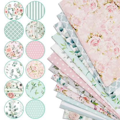 Whaline 12 Pcs Cotton Fabric Bundles Floral Greenery Fabric Square Pink Green Retro Flower Sewing Fabrics for Spring DIY Handmade Craft Decor, 14 x 14 in