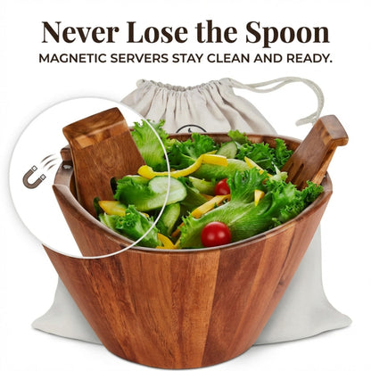 Night Tree Large wooden salad bowl with serving forks mixing, wood salad bowl set for food or fruits, magnetic utensils fit for 6–8 servings, ideal to family meals or as a unique gift