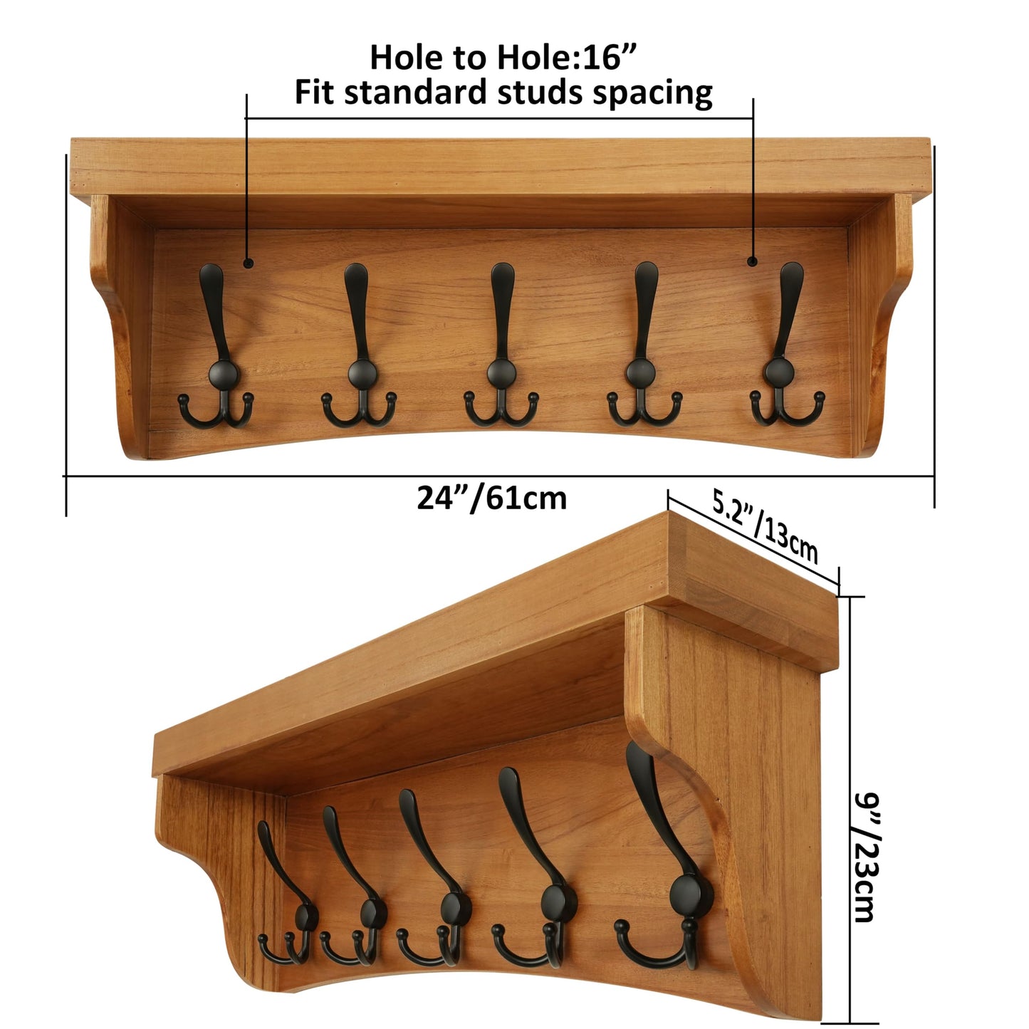 WEBI Wall Shelf with Hooks Underneath,24" Long Coat Rack Wall Mount with Shelf,Key Rack for Wall,5 Triple Hooks for Hanging Coats,Clothes,Jacket,Bathroom,Entryway,Light Brown