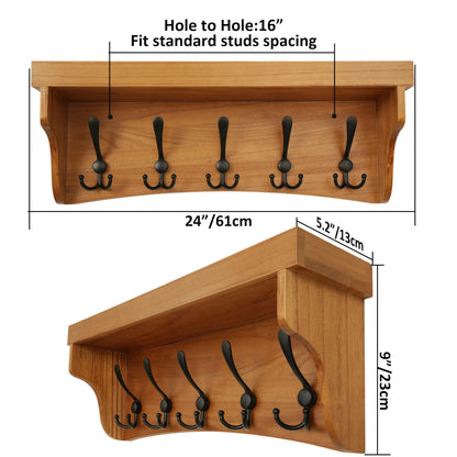 WEBI Wall Shelf with Hooks Underneath,24" Long Coat Rack Wall Mount with Shelf,Key Rack for Wall,5 Triple Hooks for Hanging Coats,Clothes,Jacket,Bathroom,Entryway,Light Brown