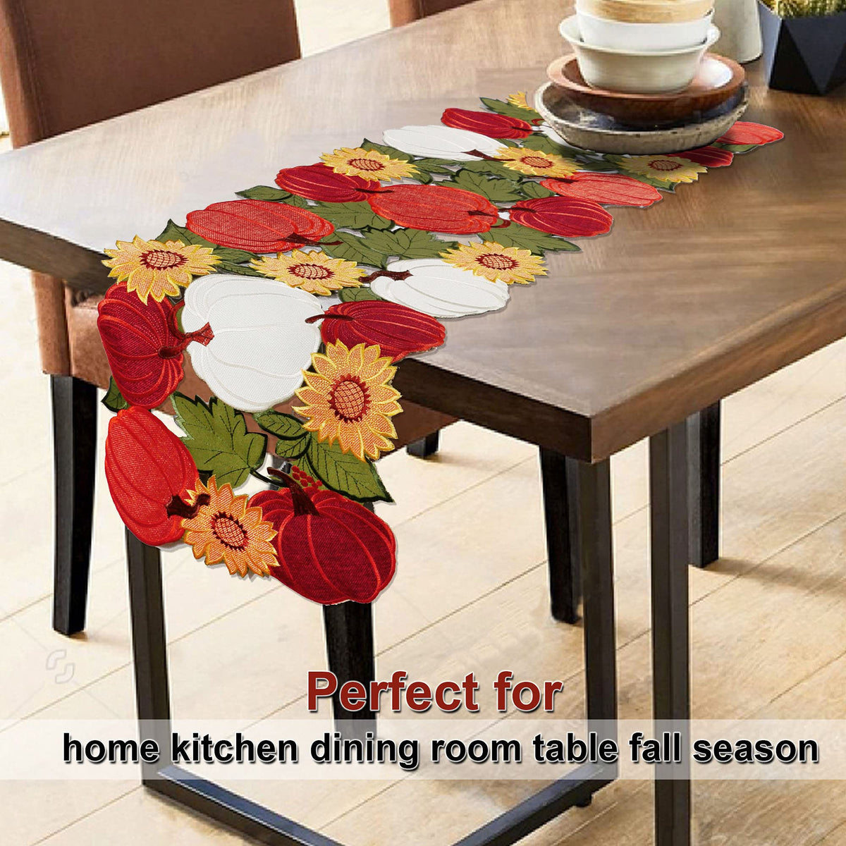 OWENIE Thanksgiving Table Runner, Pumpkin Fall Table Runner, Fall Decor for Home with Harvest Sunflowers Pumpkins, Cutwork Applique Embroidered Centerpieces, 13 Inch x 54 Inch, Orange