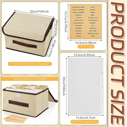 Zhanmai 2 Pcs Greeting Card Organizer Greeting Card Storage Box Card Organizer Box with 30 Pcs Dividers Stores 140+ Cards with Self Stick Labels for Storing Cards Envelopes Stickers Photos Notecards