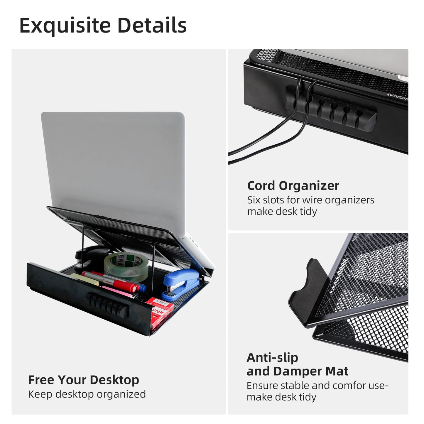 DESIGNA Metal Mesh Ventilated Adjustable Laptop Stands Computer Notebook Holder Stand Riser Compatible with Apple MacBook Air Pro Dell XPS HP Samsung Lenovo More Laptops up to 19"- Black