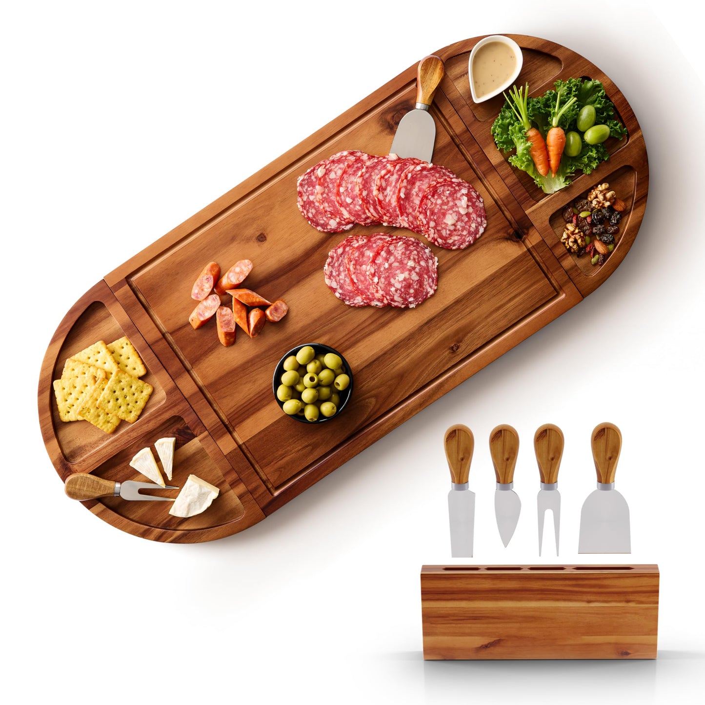 TIDITA 30 inch Large Acacia Wood Charcuterie Board with 4 Knives Set, Magnetic - 3 Parts Wooden Round Tray for Cheese - Long Appetizer Board for Serving Food Platter Cracker Snack