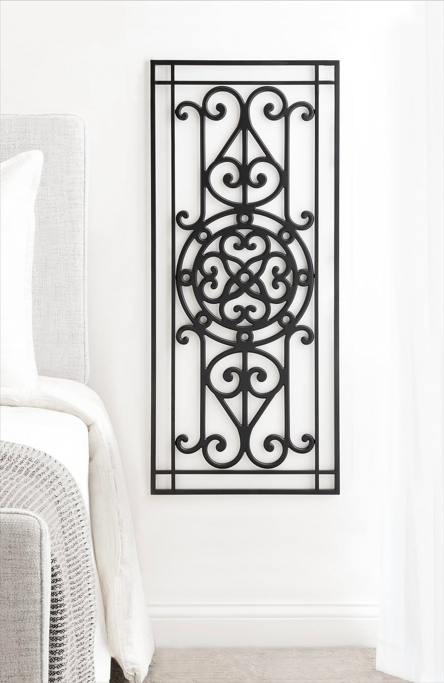Kate and Laurel Ellard Farmhouse Rectangle Wall Art Plaque, 20 x 44, Black, Traditional Panel Decorative Wall Plaque with Ornate Painted Wooden Scrollwork and Sturdy Metal Frame