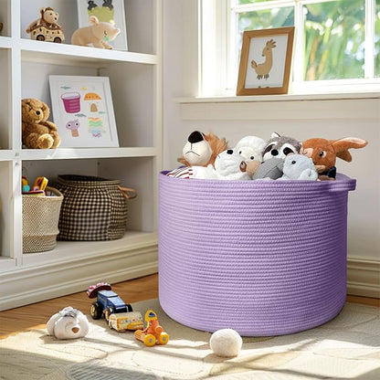 MEGASKET 115L Extra Large Purple Storage Basket, 23.6" X 15.7" Jumbo Woven Cotton Rope Bin for Throw Blankets Pillows, Baby Laundry Basket, Dirty Clothes Organizer, Big Storage Box for Toys, Towels