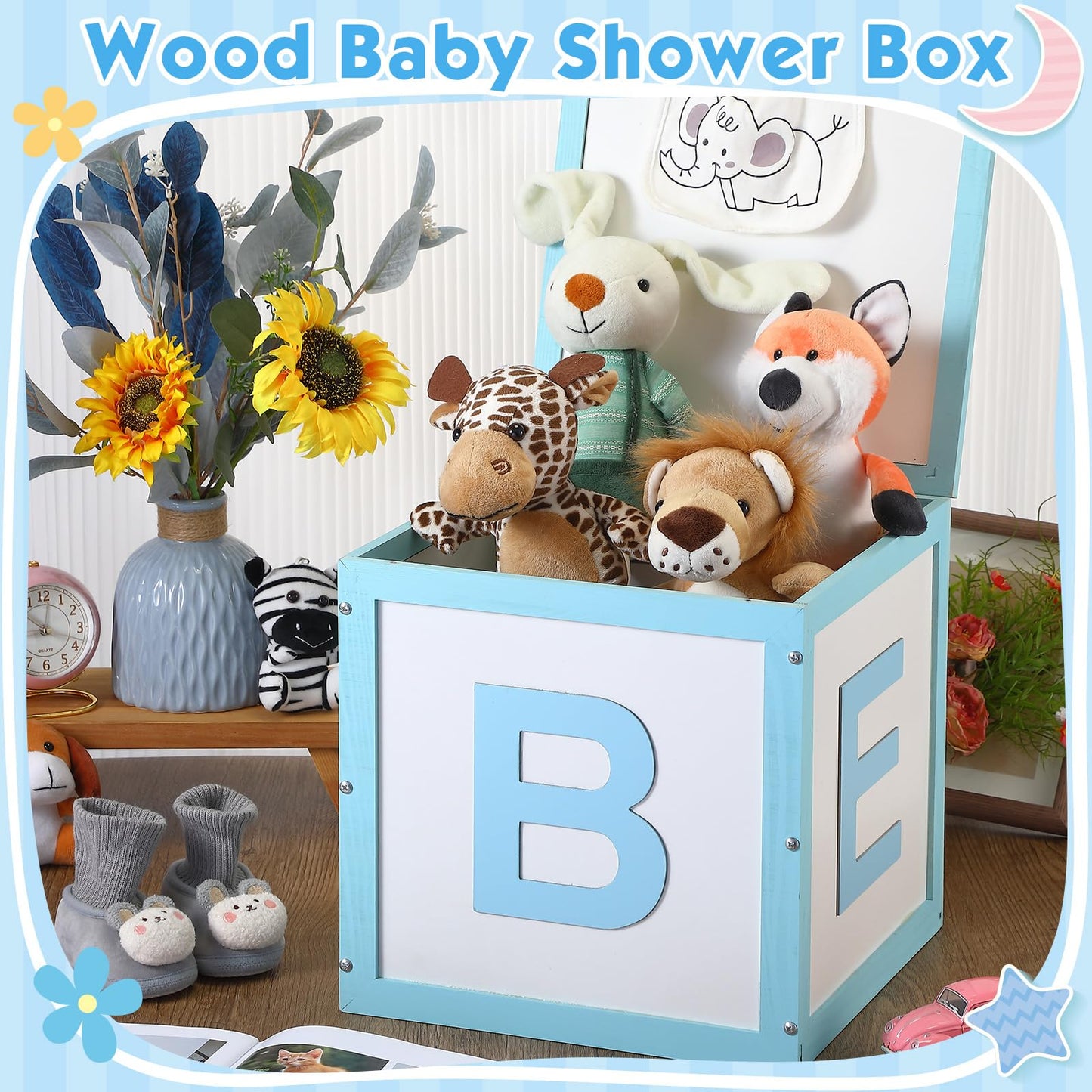 Chunful Wood Baby Shower Box Abc Display Box for Party Decorations with Alphabet Letters Personalized Shower Gifts Basket Party Blocks Backdrop for Boys and Girls(Blue,White)
