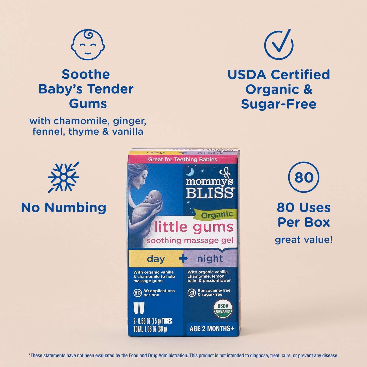 Mommy's Bliss Organic Little Gums Soothing Massage Gel Day and Night Combo, Great for Teething Babies, Age 2 Months+, Sugar Free, Mild & Sweet Flavor, 2 - 0.53 Oz Tubes (Pack of 1)