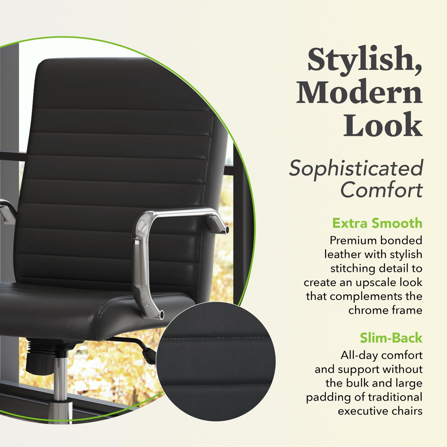 HON Sadie Executive Chair, Ergonomic Leather Office Chair with Chrome Arms and Back Support, for Computers, Desks, Home Offices, 360 Swivel, Black