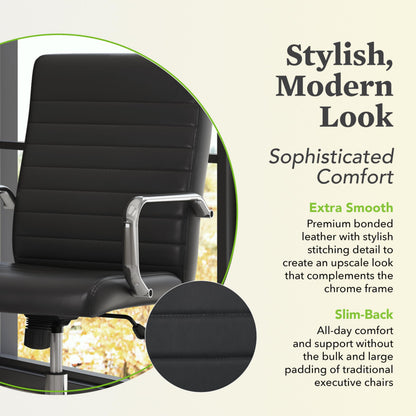 HON Sadie Executive Chair, Ergonomic Leather Office Chair with Chrome Arms and Back Support, for Computers, Desks, Home Offices, 360 Swivel, Black