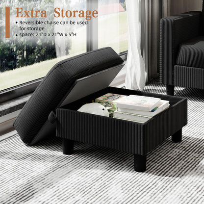 Shintenchi Modern Upholstered Sectional Sofa, L-Shaped Couch with Storage Ottoman and Reversible Chaise for Living Room, Black Corduroy Fabric