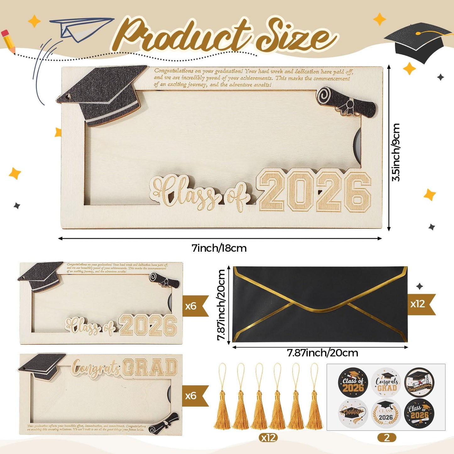 Blosssound 12 Pack Graduation Money Holder - Class of 2026 Wooden Congrat Grad Card Sleeve for Seniors High School & College Graduation Gift Unique Cash Envelope Holder for Party Supplies (Fresh)
