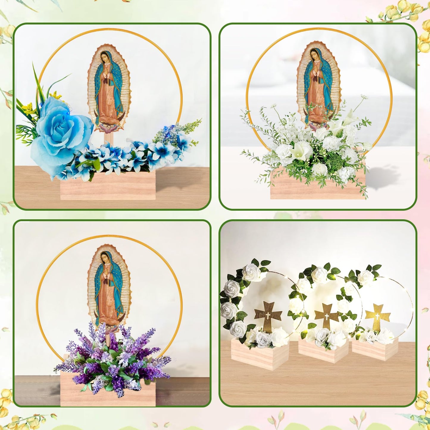 Kuabiz 12 Pcs Our Lady of Guadalupe Wooden Table Centerpieces Virgen De Guadalupe Planter Box with Gold Metal Ring Baptism Favors for Guests Table Decor First Communion Gifts Catholic Favors