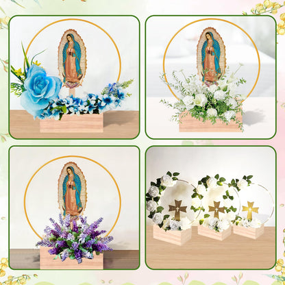 Kuabiz 12 Pcs Our Lady of Guadalupe Wooden Table Centerpieces Virgen De Guadalupe Planter Box with Gold Metal Ring Baptism Favors for Guests Table Decor First Communion Gifts Catholic Favors