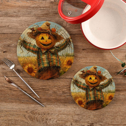 Peystean Kitchen Set of 2 Potholders Trivets, Funny Pumpkin Scarecrow Sunflower Field Woven Hot Pot Coasters Placemats for Cooking Baking Hot Dish Pan Pot Bowl Teapot(7&9 Inches Diameter)