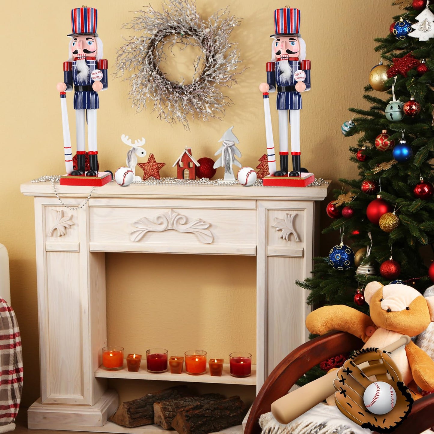 Blosssound 15 Inch Christmas Baseball Nutcracker Decorations Wooden Nutcracker Soldier Figurine Sports Player Ornament for Table Desktop Christmas Holiday Festive Party Decor Supplies(Baseball A)
