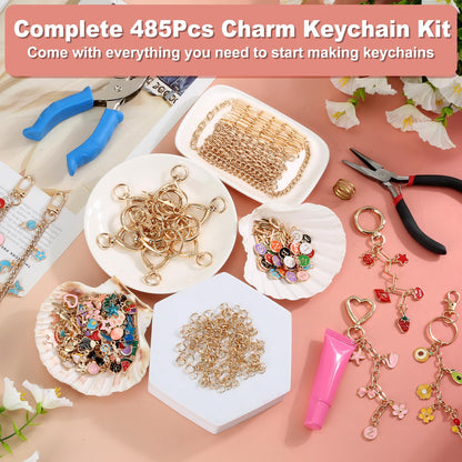 485 Pcs Charms Lip Gloss Keychain Making Kit, DIY Bag Charm Kit Including 40 Key Chain Hooks 30 Extender Chains 212 Gold Charms & Letter 200 Jump Rings 1 Plier and 1 Puncher for Craft Supplies