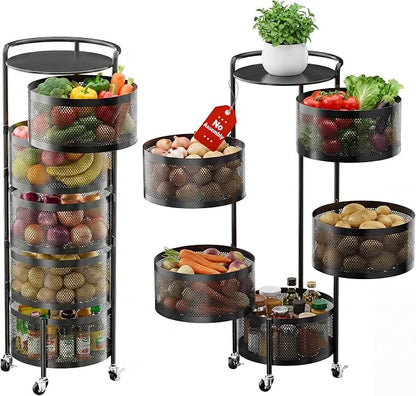 JAQ No Assembly 5-Tier Kitchen Storage Cart with Wheels, Rotating Produce Organizer for Onion, Potato & Vegetable Storage, Large Capacity Pantry Storage Rack, Black