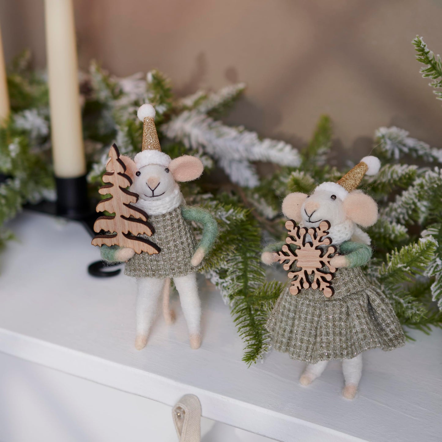 Primitives by Kathy Winter Mice Felt Collectible Critter Set, 6-Inch Handmade Wool Mice Duo with Glitter Hats Holding Wooden Tree & Snowflake, Winterscape Tiered Tray & Tree Decor