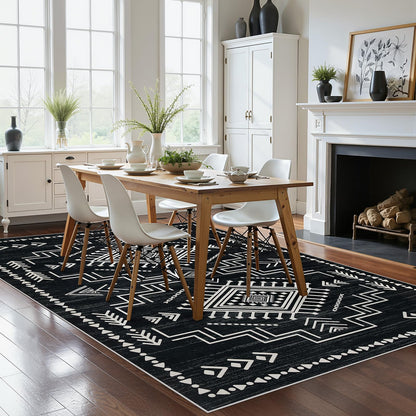 Joydeco Moroccan 5x7 Western Black and White Rugs for Living Room, Washable Soft Aztec Rug for Bedroom, Low Pile Distressed Modern Carpet for Dining Room Playroom Office Home Decor