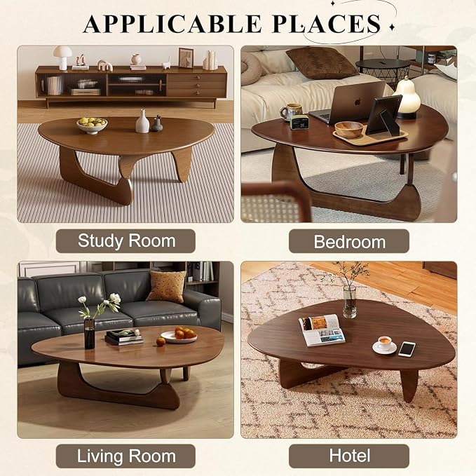 Solid Wood Triangle Coffee Table,Unique Mid Century Modern Oval Coffee Table,Irregular Geometric Tea Tables for Home Living Room with Wooden Tabletop and Reinforced Legs Walnut 35" L x 24" W x 16" H