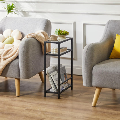 IBUYKE Narrow Side Table with Storage Shelf, 3 Tier Slim End Table,Modern Sofa Table, Small Nightstand, Telephone Table for Small Spaces,for Living Room, Bedroom, Black UTMZ002B