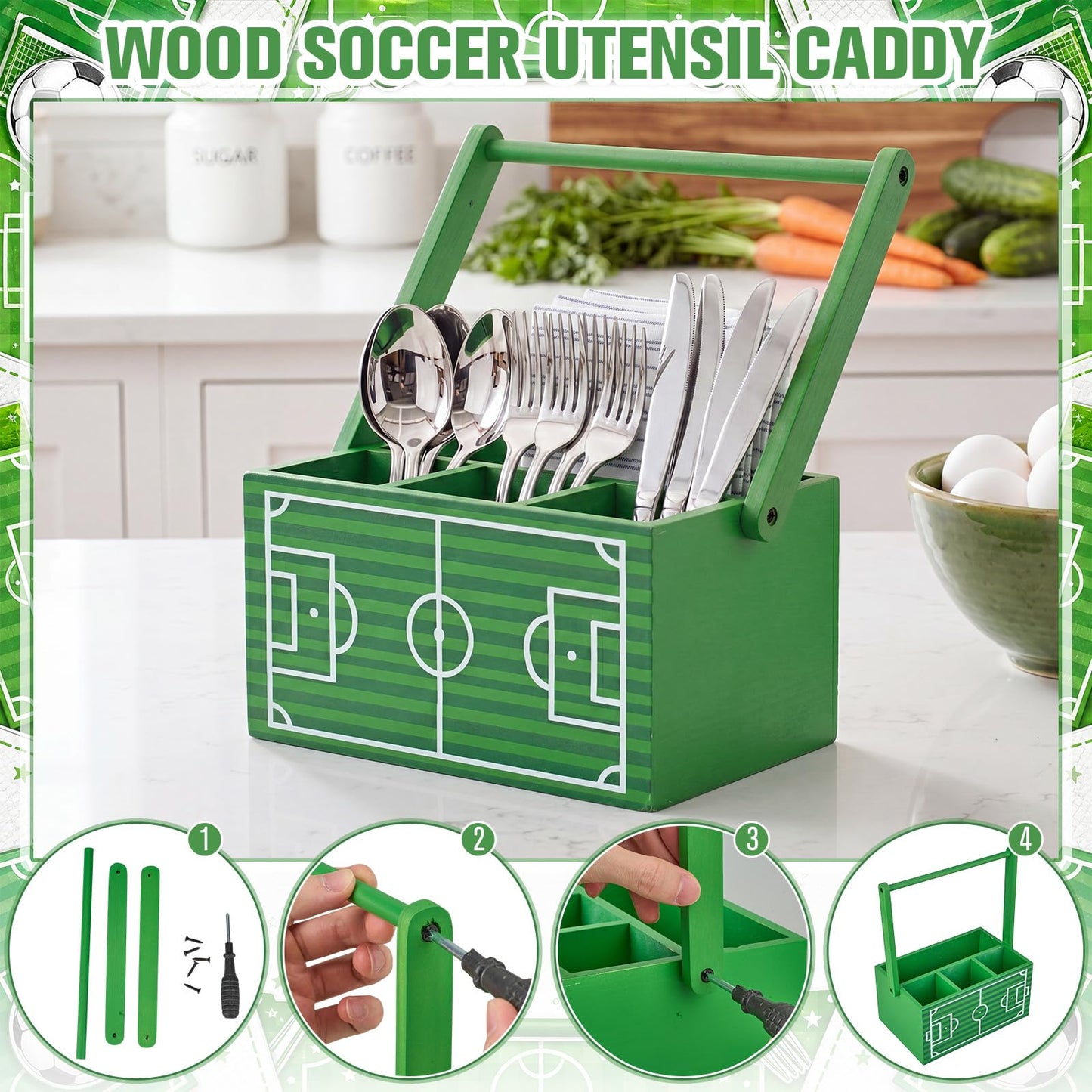 Gerrii Wood Soccer Utensil Caddy, 9.1x5.9x4.5 Inches Utensil Silverware Holder for Party, 4 Pockets Utensils Cutlery Cup Napkin Holder with Handles for Game Day Birthday Decoration