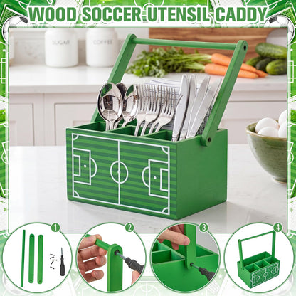 Gerrii Wood Soccer Utensil Caddy, 9.1x5.9x4.5 Inches Utensil Silverware Holder for Party, 4 Pockets Utensils Cutlery Cup Napkin Holder with Handles for Game Day Birthday Decoration