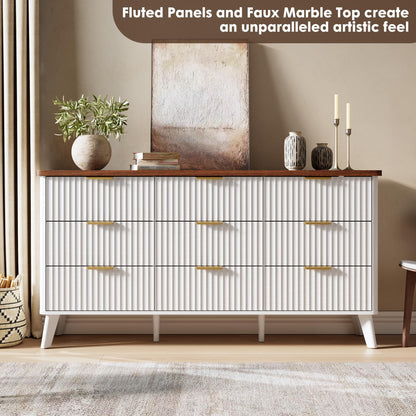 GarveeHome Fluted Dresser for Bedroom with 9 Deep Drawers, 60.6 in Wide Modern Chest of Drawers, Wooden Dresser TV Stand, Curved Profile Design, for Living Room, Kids Room, Hallway, White
