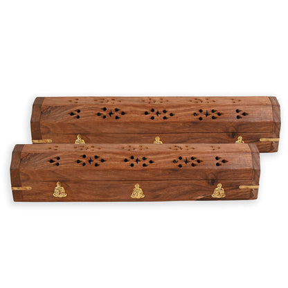 Incense Garden Pack of 2 Incense Stick Holder - Coffin Style - Wood Incense Stick Burner with Buddha Inlays (Natural) Handmade with Brass Inlays