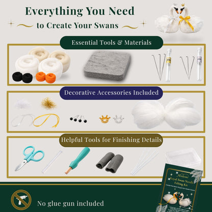 Arvinovia Needle Felting Kit – Make 2 Swan Figures, Complete Wool Felting Starter Kit with Tools & Step-by-Step Video Instructions, Guided DIY Craft Kit for Adults & Teens, Creative Gift Idea