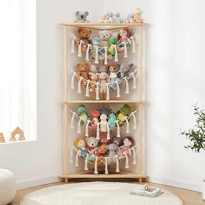YKBU Wooden Corner Stuffed Animal Storage Organizer, 4-Tier Boho Macrame Toy Hammock Display Shelf, Free-Standing Open-Access Teddy Bear Zoo Holder for Nursery, Playroom & Kids Bedroom