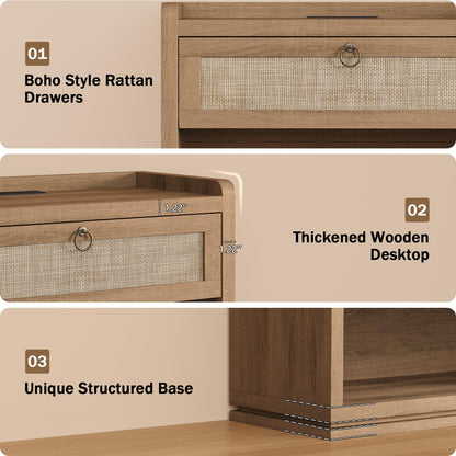 31" Wide Rattan Nightstand with Charging Station, End Side Table