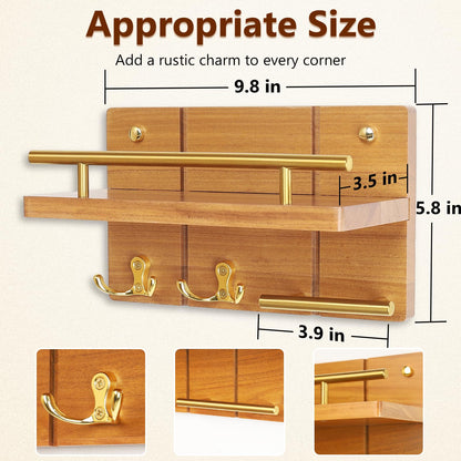 Fopeat 9.8" Teak Wood Key Hooks for Wall, Solid Wood Key Holder Wall Mount, Decorative Mail Organizer with Key Rack and Shelf, Rustic Home Decor for Entryway Living Room Bathroom Bedroom