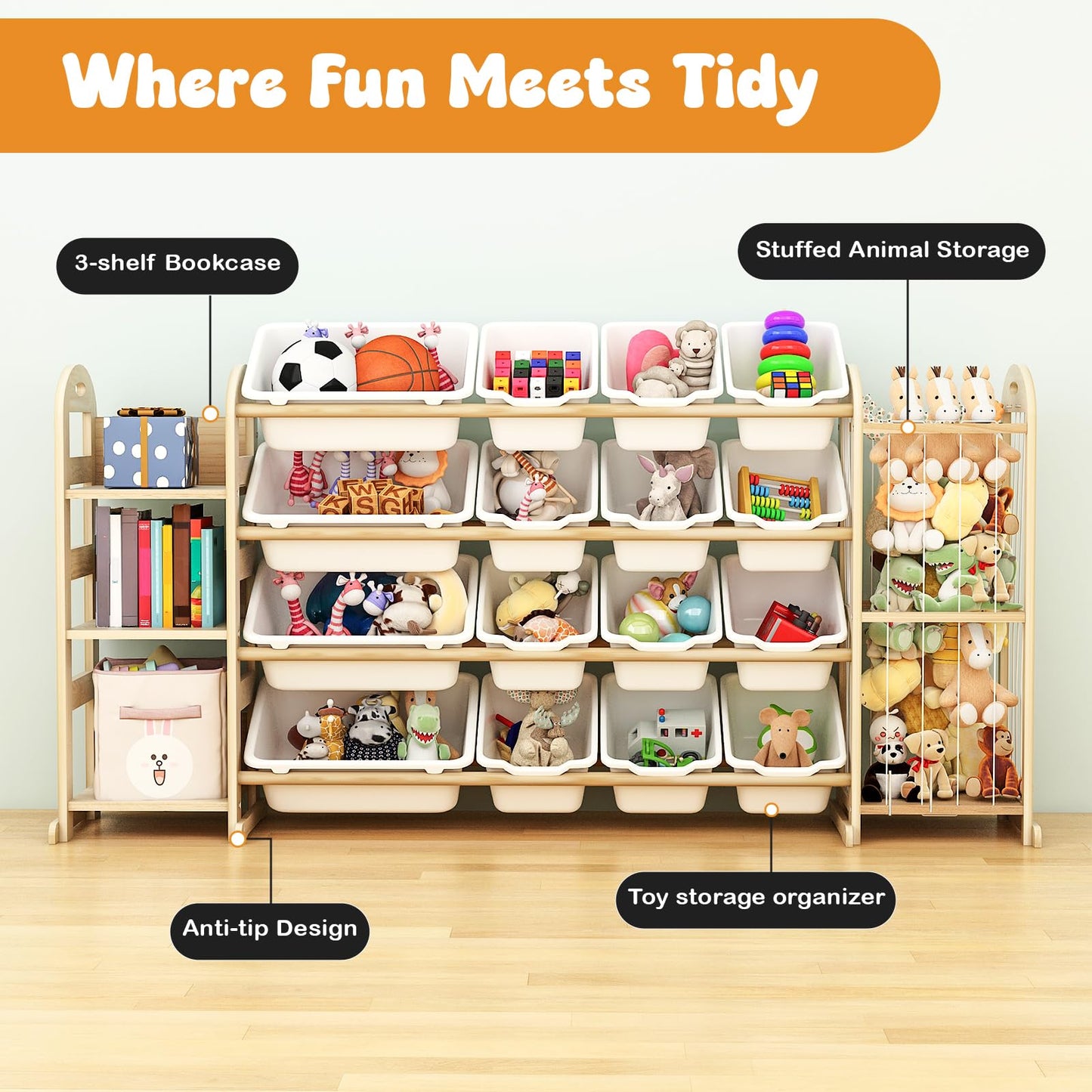 Large Kids Toy Storage Organizer, Toy Organizers and Storage with Stuffed Animal Storage, Toy Storage Shelf with 3 Shelves, 16 Storage Bins, Kids Bookshelf, Toy Holder for Playrooms, Bedrooms, White