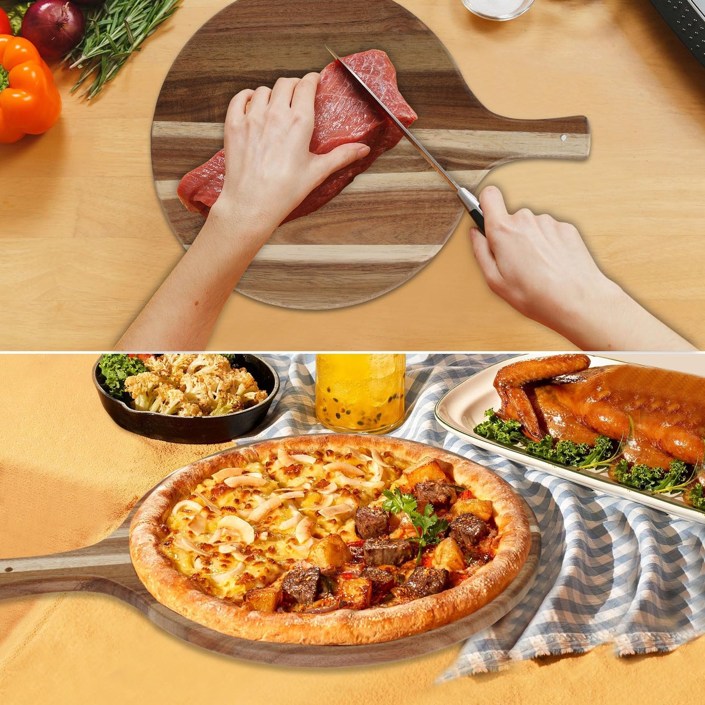Acacia Wood Round Cutting Board with Handle, Pizza Cutting Boards for Kitchen, Small Wooden Chopping Board, Charcuterie Serving Boards for Cheese, Meat, Vegetables, Bread, 15.7" x 11.8"