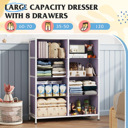 WLIVE Fabric Dresser for Bedroom, Tall Dresser with 8 Drawers, Storage Tower with Fabric Bins, Double Dresser, Chest of Drawers for Closet, Playroom, Dormitory, Purple