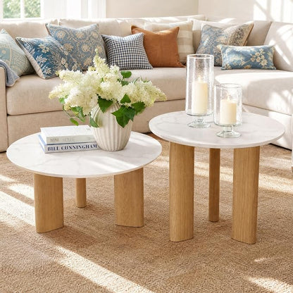Yechen Nesting Coffee Table Set of 2, Mid Century Modern Coffee Table with Faux Marble Top, Round Tea Table and End Table Set, Minimalist Center Tables for Living Room, Office, or Apartment