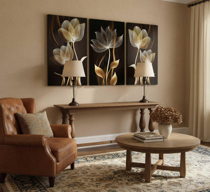 3 Pieces Modern Abstract Brown Flowers Canvas Wall Art Minimalism Black and Gold Floral Painting Pictures Luxury Wall Decor Posters Print Artwork for living room Office Bedroom Home Decoration