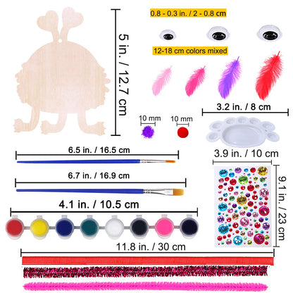 36 Sets Valentine's Day Craft Kits DIY Valentine Monster Wood Ornaments Decorations Art Sets Assorted Paintable Unfinished Wood Monster Cutouts Pom-Poms Googly Eyes for Kids Valentine Party Activity