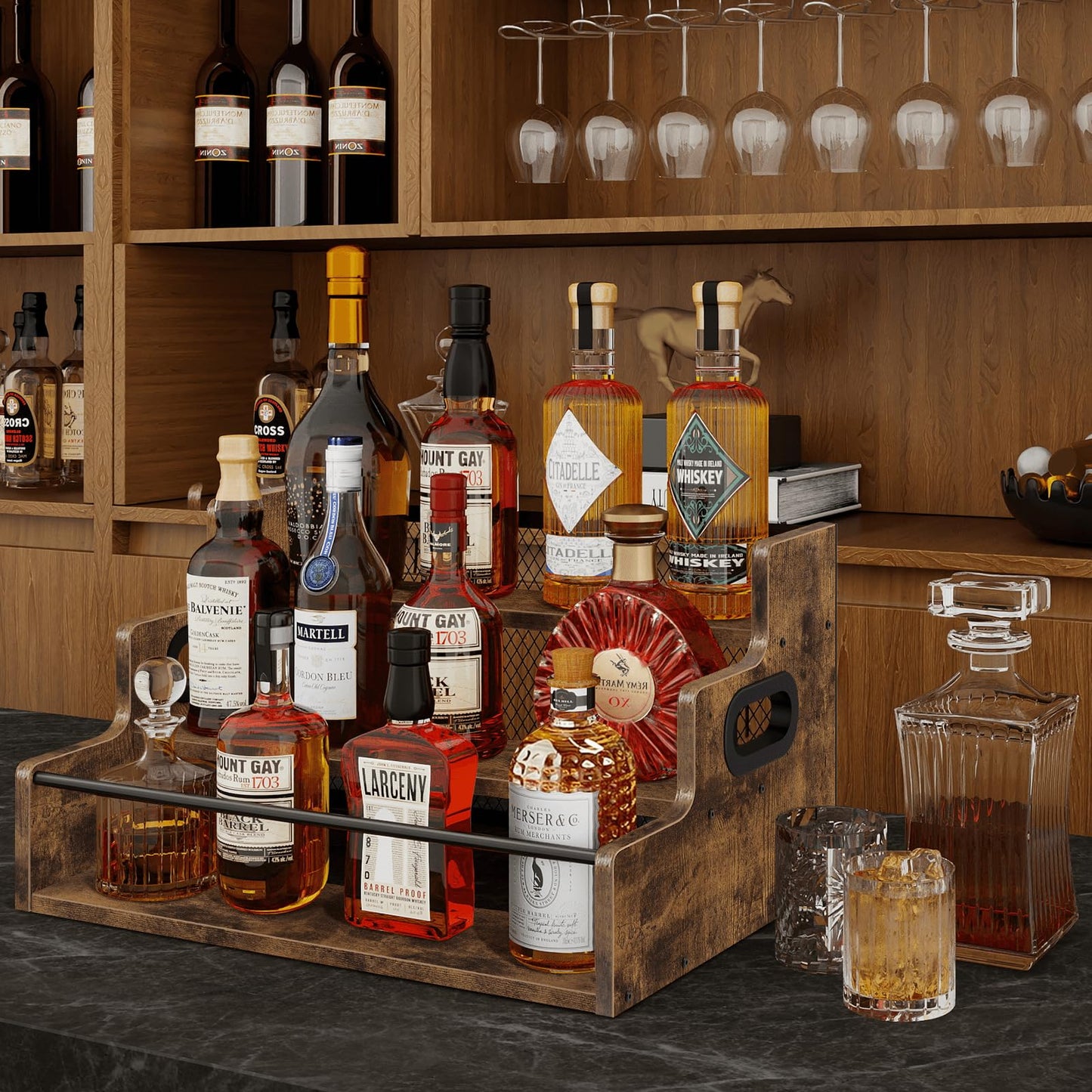 Homode Liquor Bottle Display Shelf, 3 Step Coffee Syrup Rack Organizer, Countertop Liquor Wine Rack, Mini bar, Liquor Cabinet, Home Retro Bar Shelf Stand for Whiskey Alcohol Drink