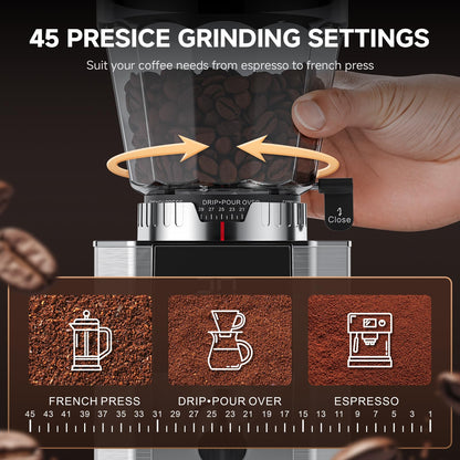 Burr Coffee Grinder with 45 Grind Settings, 40mm Conical Burr, Anti-Static Technology, Touchscreen Control, 300g Bean Hopper, Stainless Steel Body, for Espresso to French Press, Easy to Clean