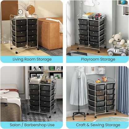 Giantex 10 Drawers Rolling Cart, Classroom Organizers, Storage Cart with Wheels, for Teacher Office Home School Supplies Tool Craft Art Paper, Black