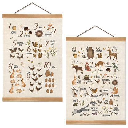 Animal Alphabet Numbers Poster Set of 2, Children's Room Wall Art, ABC&123 Banner Poster, Letter Numbers Banner Wall Hanging Decor for Toddler Room Playroom Nursery Classroom 12x16inch (Forest animal)