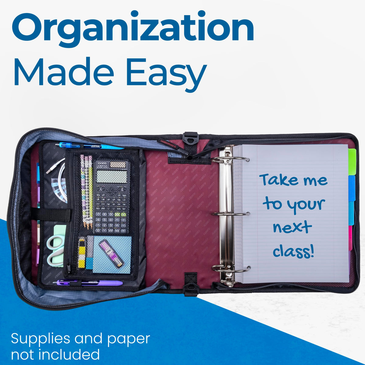 Case-it Mighty Zip Tab School Zipper Binder | 3-Inch O-Rings, 600-Sheet Capacity, 5-Subject Expanding File Folder, Multiple Pockets & Storage Organizer, Shoulder Strap | D-146 Red Burgundy