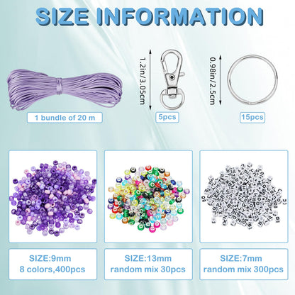 BEEFLYING 750 Pcs DIY Bead Keychain Kit Key Chain Making Crafts Letter Beads Strings Adjustable Alphabet Key Ring Jewelry Backpack Accessories Holiday Party Festival Favor Gift (Purple)