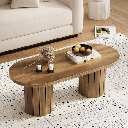 Tohomeor Oval Coffee Table, 43.3" Farmhouse Wooden Coffee Table with Fluted Legs, Mid-Century Modern Accent Center Table with for Living Room or Home Office, Retro Brown