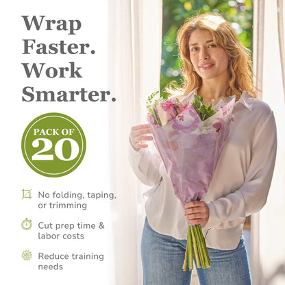 the florist Supply Magnolia Sleeves 20 Pack 17.3 x 13.6 x 3.5 Inch Waterproof Flower Bouquet Sleeves, Flower Bouquet Bags, Plastic Floral Sleeves, Gift-Ready for Wedding, Birthday - Lavender